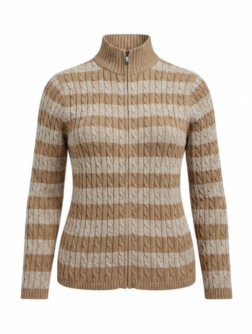 L.L. Bean Striped Cotton Cable-Knit Zip Sweater in Camel and Cream Size 3X